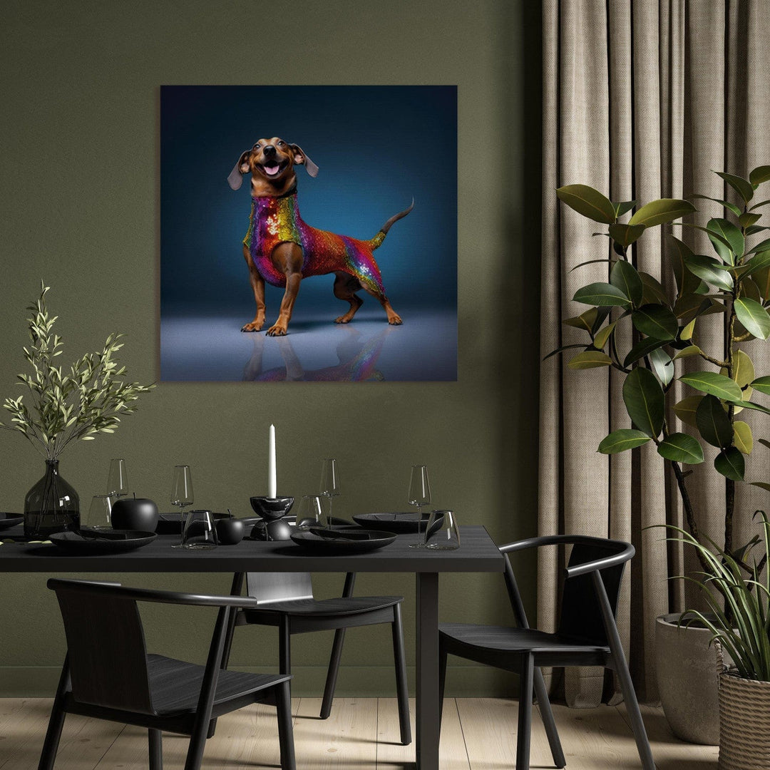 Glezna no AI - Taksis - smaidošs suns krāsainā kostīmā, 150271 🎨🐶 G-ART