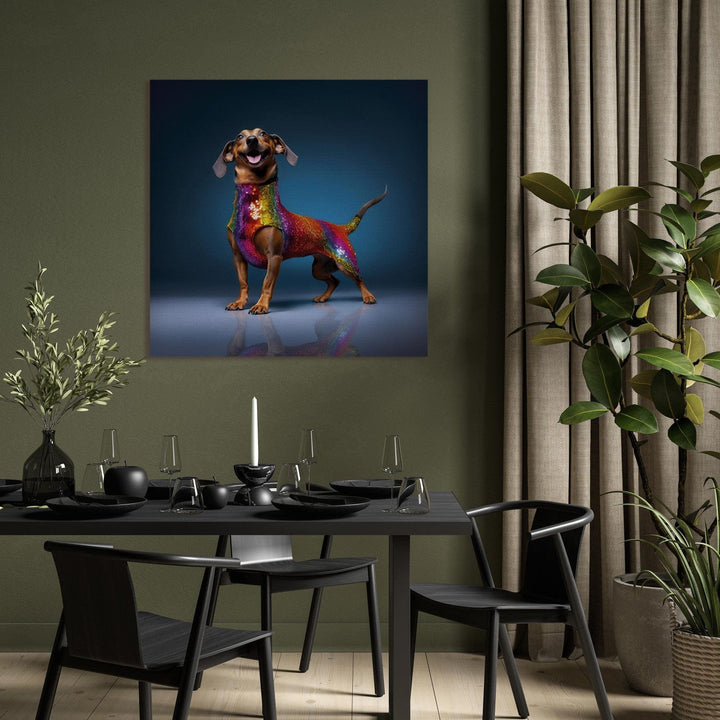 Glezna no AI - Taksis - smaidošs suns krāsainā kostīmā, 150271 🎨🐶 G-ART