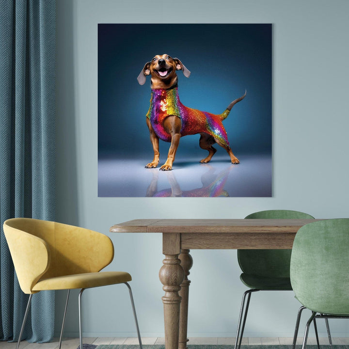 Glezna no AI - Taksis - smaidošs suns krāsainā kostīmā, 150271 🎨🐶 G-ART