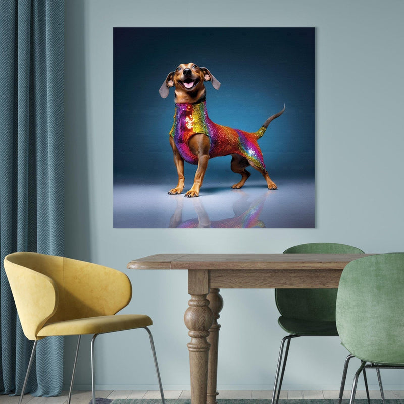 Glezna - Taksis - smaidošs suns krāsainā kostīmā, 150271 🎨🐶 Tapetenshop.lv