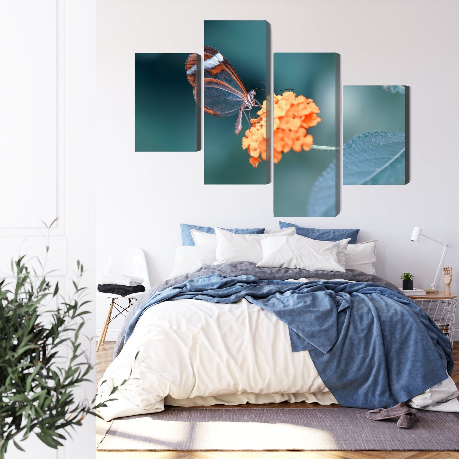 4 daļu kanva: Tauriņš vasaras dārzā, tirkīza X-ART