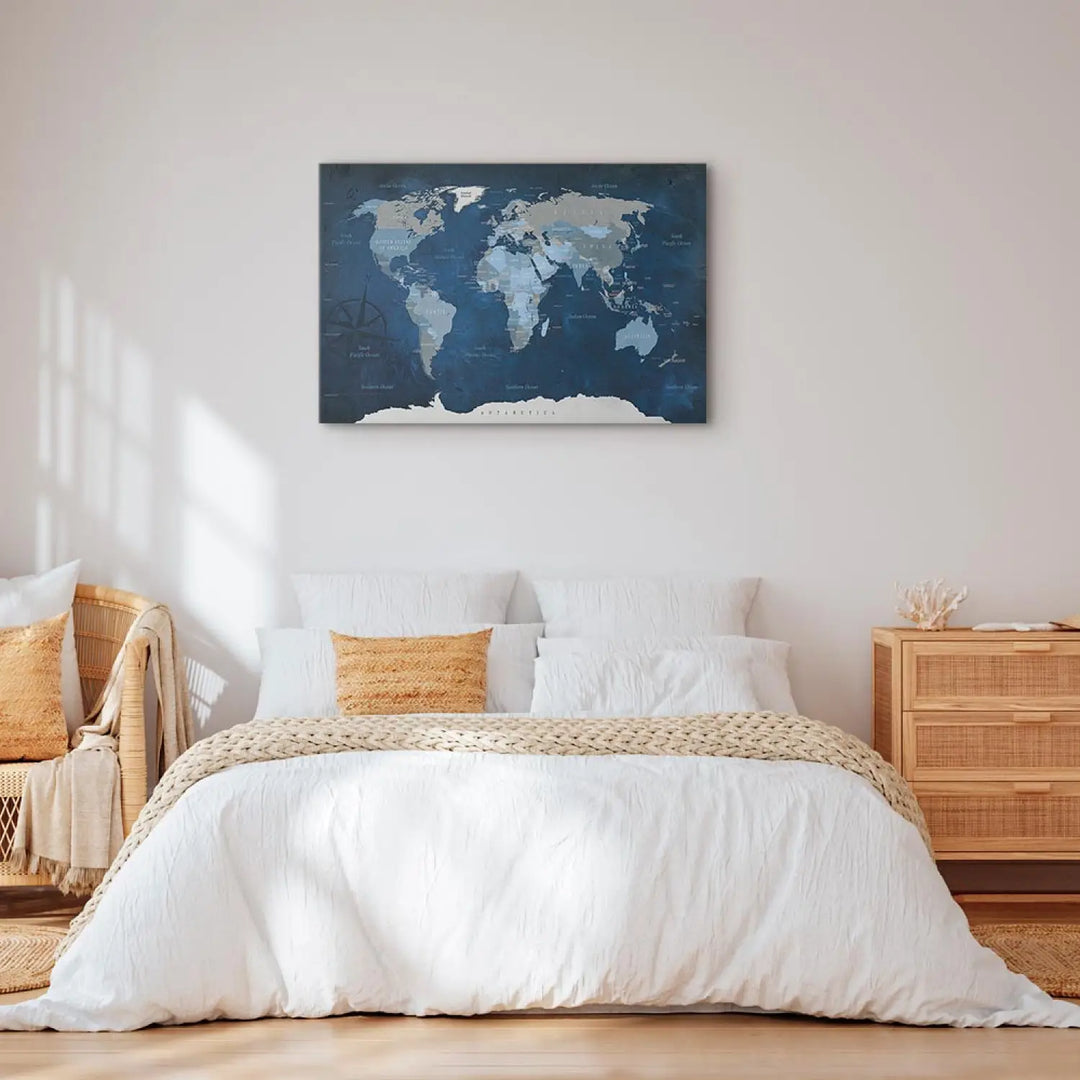 Glezna ar pasaules karti tumi zilos toņos - Tumši zila pasaule, 93940 ART XL