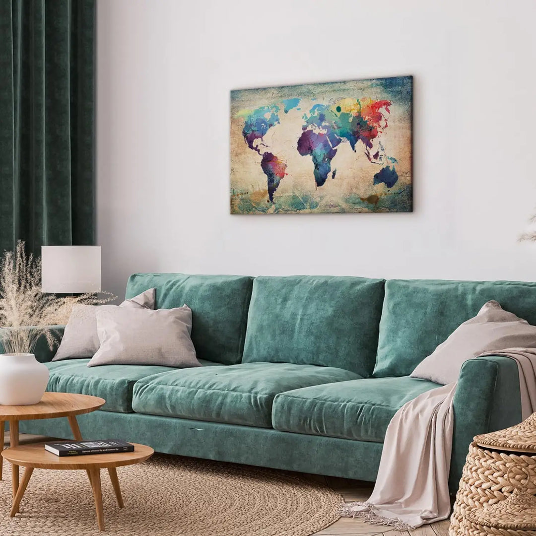 Kanva - Krāsaina abstrakta pasaules karte uz vintāžas bēša fona ART XL