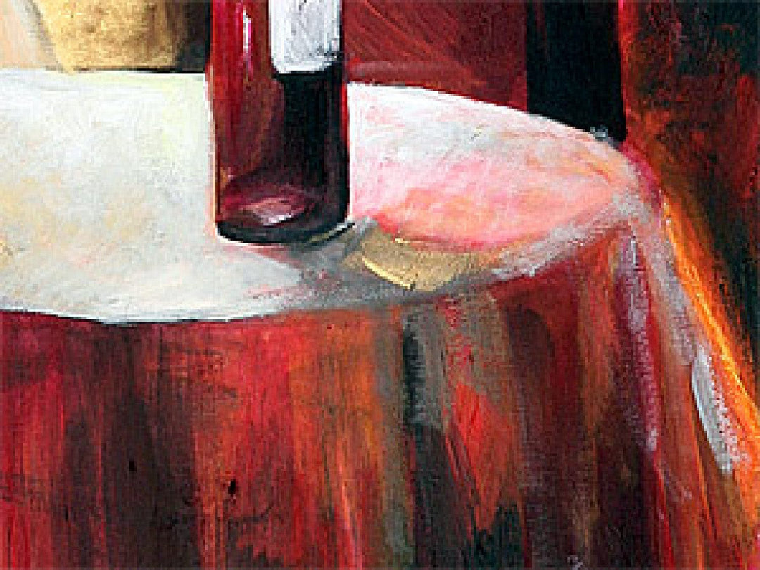 Glezna - Vientuļa sieviete ar sarkanvīna glāzi uz sarkana fona - 41377 G-ART.