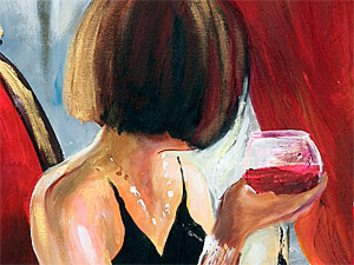 Glezna - Vientuļa sieviete ar sarkanvīna glāzi uz sarkana fona - 41377 G-ART.