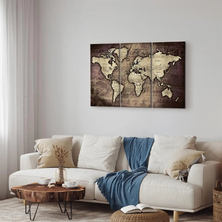 Kanva - Pasaules karte vintāžas stilā, brūnā krāsā - Zelta ceļojumi ART XL