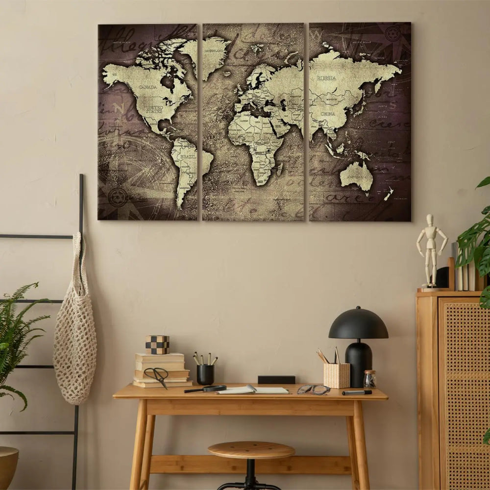 Kanva - Pasaules karte vintāžas stilā, brūnā krāsā - Zelta ceļojumi ART XL