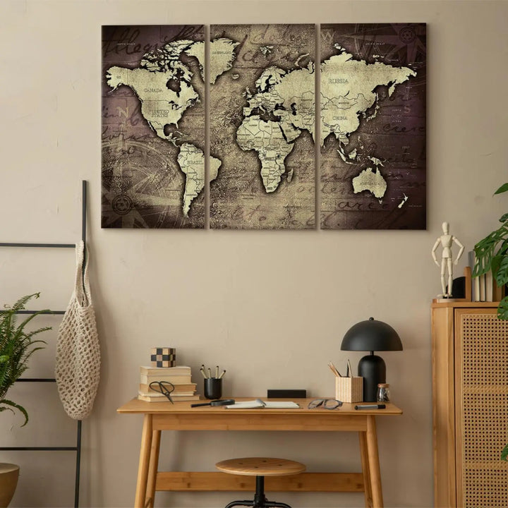 Kanva - Pasaules karte vintāžas stilā, brūnā krāsā - Zelta ceļojumi ART XL