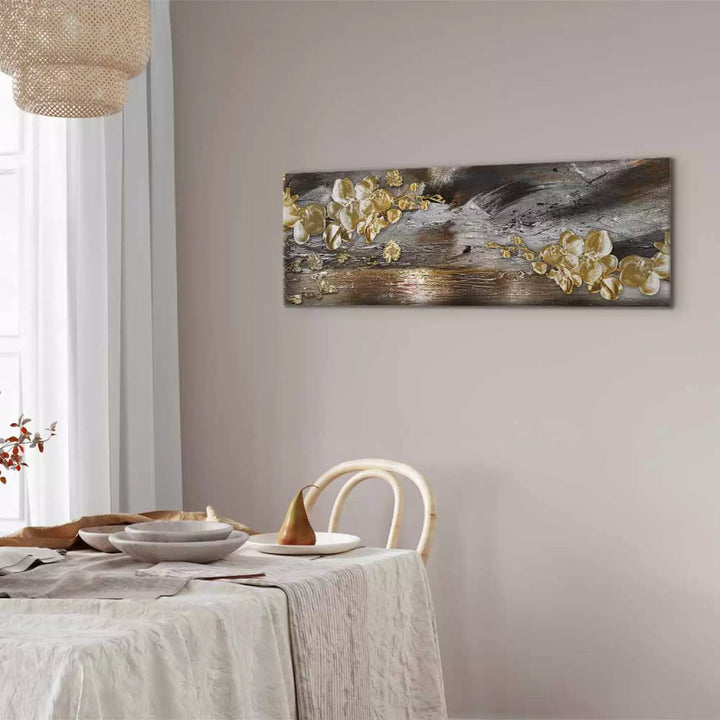 Glezna "Zelta Dārzs" – Zelta Ziedi uz Pelēka Koka Fona ART XL