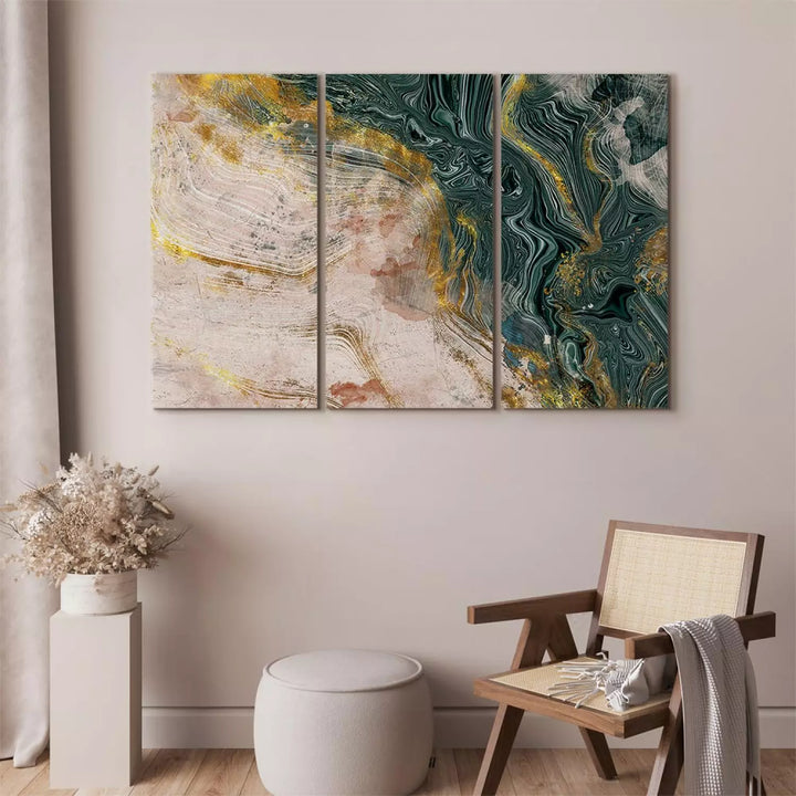 Glezna ar abstrakciju zeltā un malahītā krāsā (3 daļas) ART XL