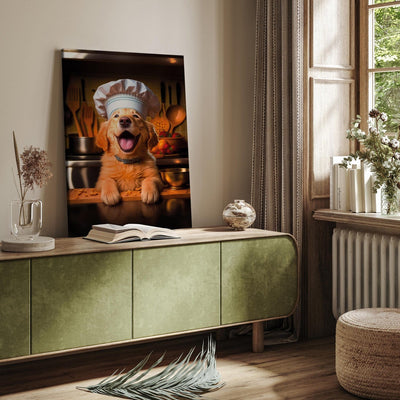 Painting with a dog, golden retriever - a cheerful dog in the role of cook, 150265 g -art
