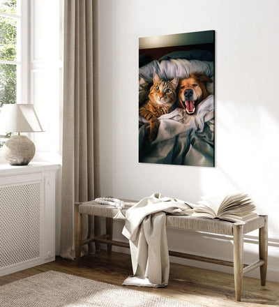 Glezna - Zeltainais retrīvers un kaķis - Dzīvnieki atpūšas gultā, 150236 Tapetenshop.lv