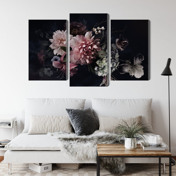 Kanva - Ziedi retro stilā uz tumša fona, N-3985 X-ART