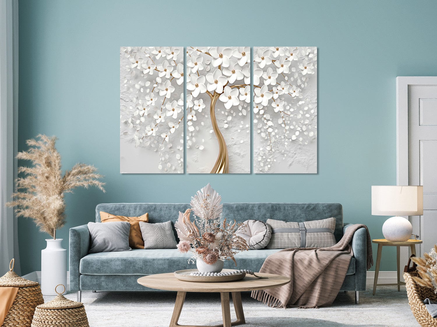 Glezna no 3 daļas - Ziedošs koks uz pelēka fona, 151789 G-ART