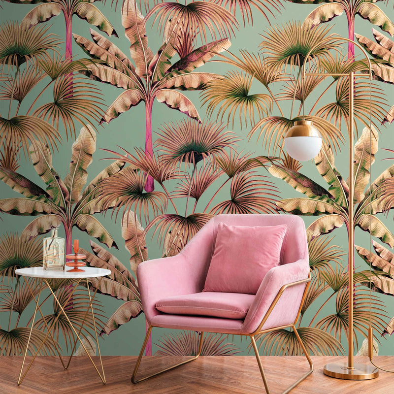 Colourful wallpaper with leaf pattern and tropical style, green, beige, 1375230 AS Creation