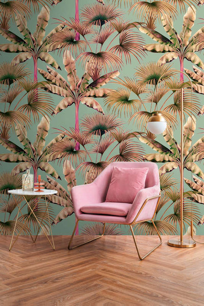 Colourful wallpaper with leaf pattern and tropical style, green, beige, 1375230 AS Creation