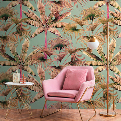 Colourful wallpaper with leaf pattern and tropical style, green, beige, 1375230 AS Creation