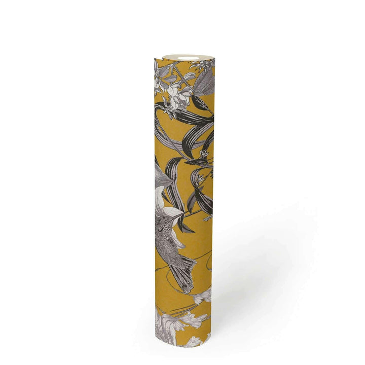 Krāsainas tapetes ar ziediem kolibri - dzeltena, pelēka AS 377013 AS Creation