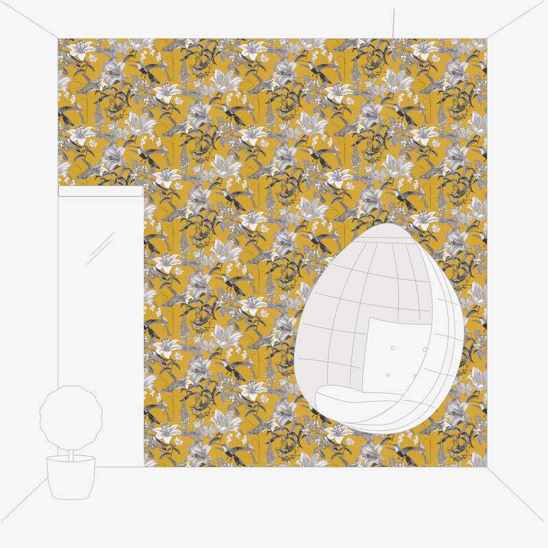 Krāsainas ziedu tapetes ar kolibri dizainu - dzeltenas 1340265 AS Creation