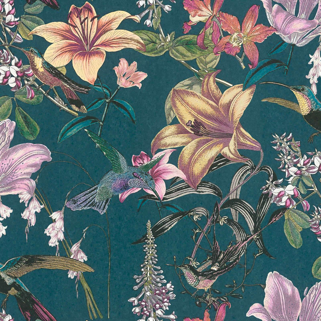Krāsainas tapetes ar ziediem kolibri - zilos, zaļos toņos AS 377012 AS Creation