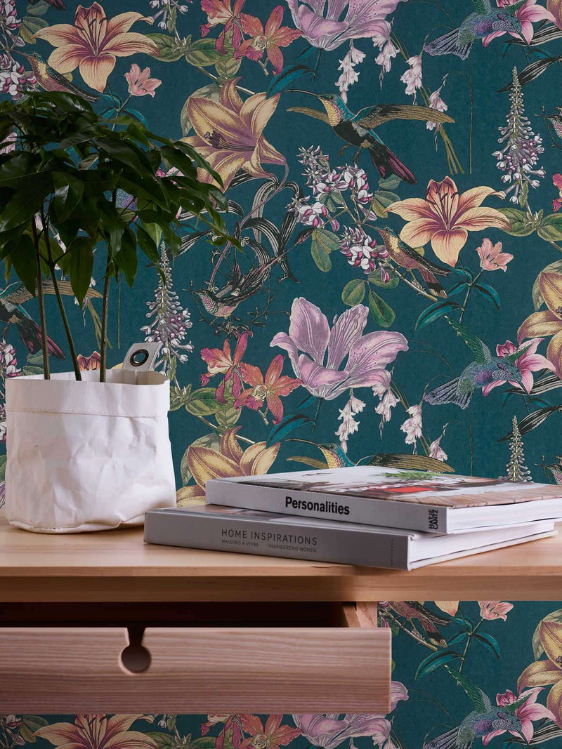 Krāsainas ziedu tapetes ar kolibri dizainu - zaļas, 1340264 AS Creation