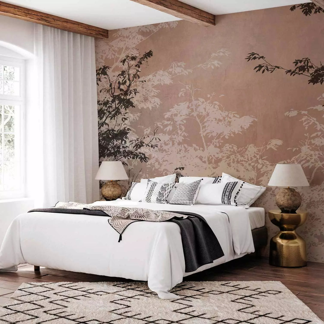 Fototapetes - Gaiši un tumši brūni koku zari uz brūnā fona, 148819