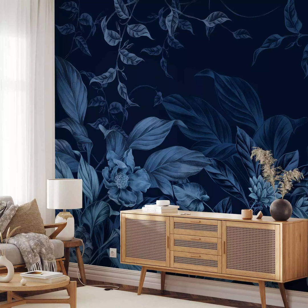 Wall Murals - Leaves and flowers in dark blue tones, 151524