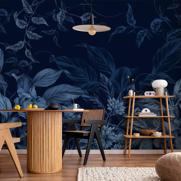 Wall Murals - Leaves and flowers in dark blue tones, 151524