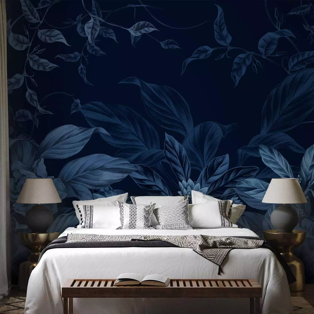 Wall Murals - Leaves and flowers in dark blue tones, 151524