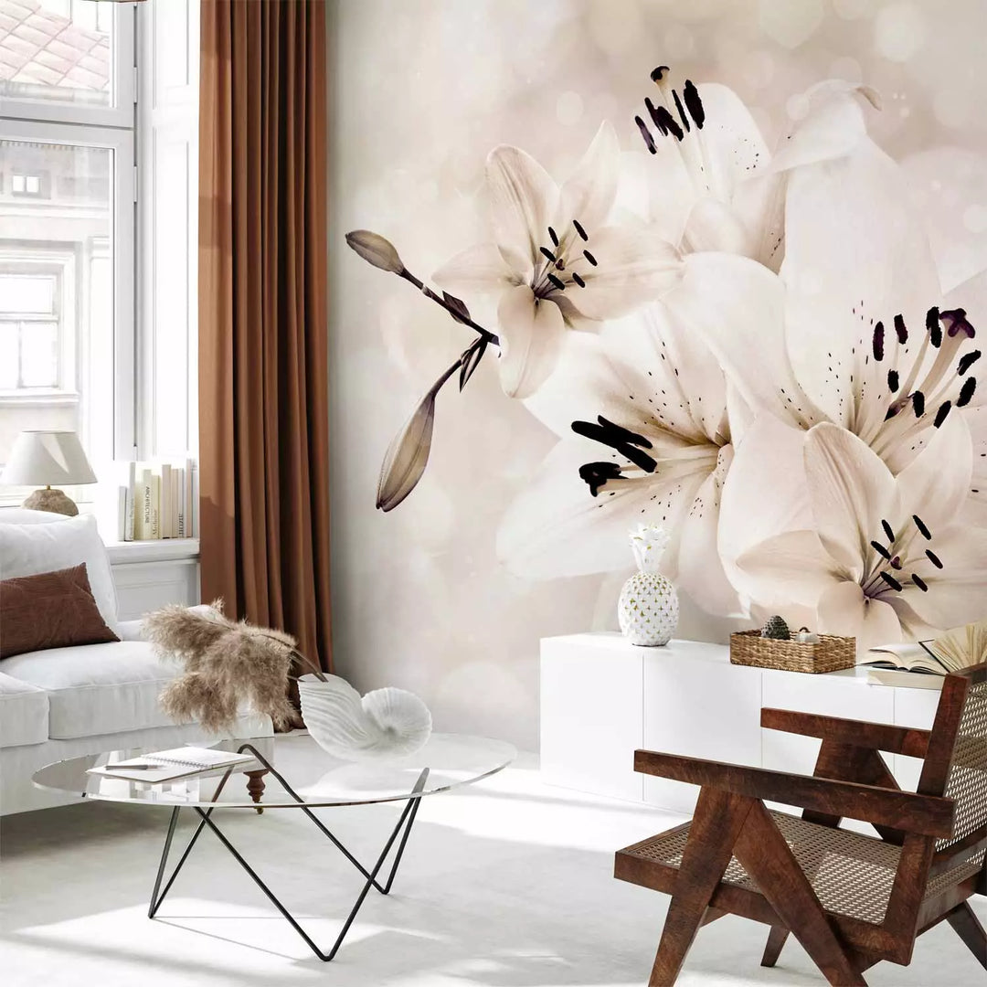Fototapetes - Maģiskās lilijas – krāšņs ziedu motīvs uz gaiša fona, 142376