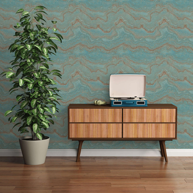 Marble non-woven wallpaper with metallic effect - turquoise, gold, 1406457 AS Creation