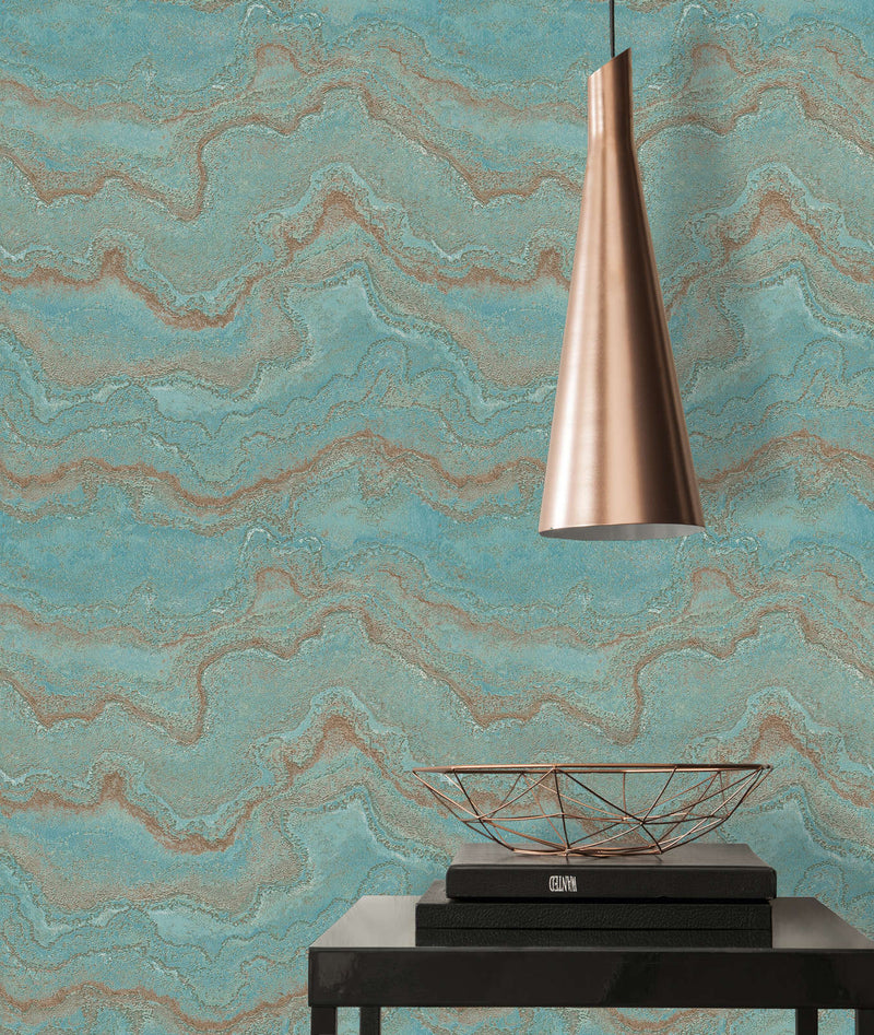 Marble non-woven wallpaper with metallic effect - turquoise, gold, 1406457 AS Creation