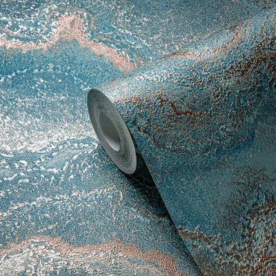 Marble non-woven wallpaper with metallic effect - turquoise, gold, 1406457 AS Creation