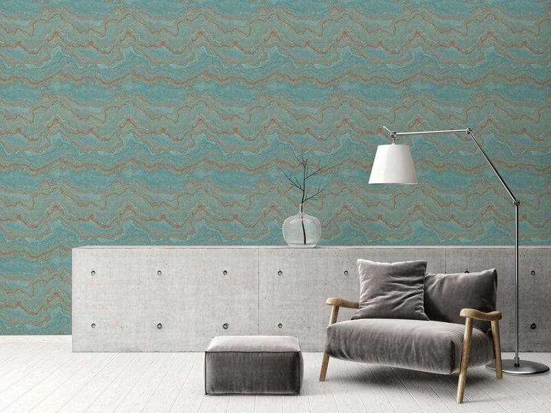 Marble non-woven wallpaper with metallic effect - turquoise, gold, 1406457 AS Creation