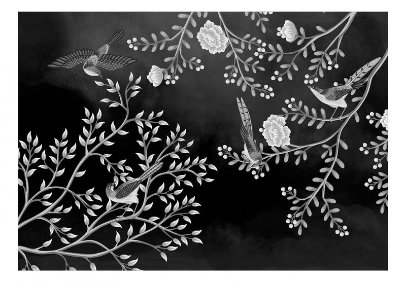 Must-valge Fototapeet - Linnud okste vahel, 138836 G-ART