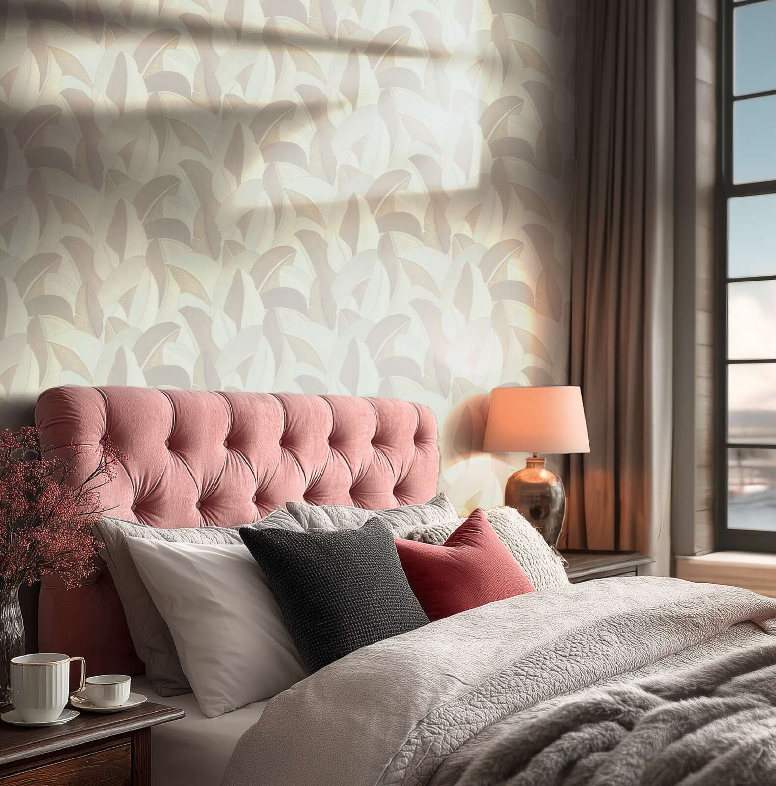 Современные кремовые обои с фактурой в виде листьев в ярком дизайне гостиной. SKU: 3007573, AS Creation.