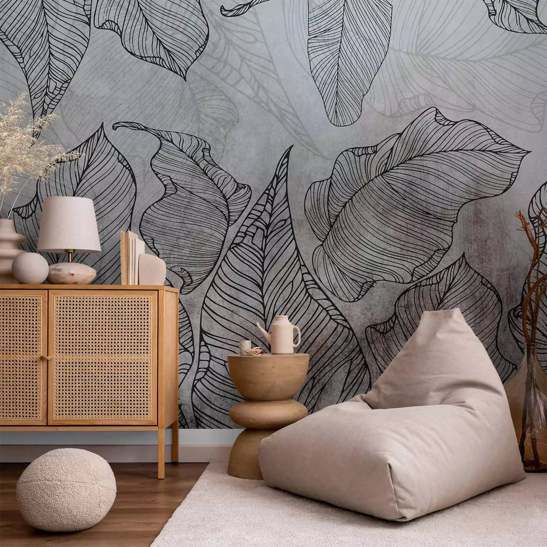 Wall Murals - Leaf contours on the gray background, 148924