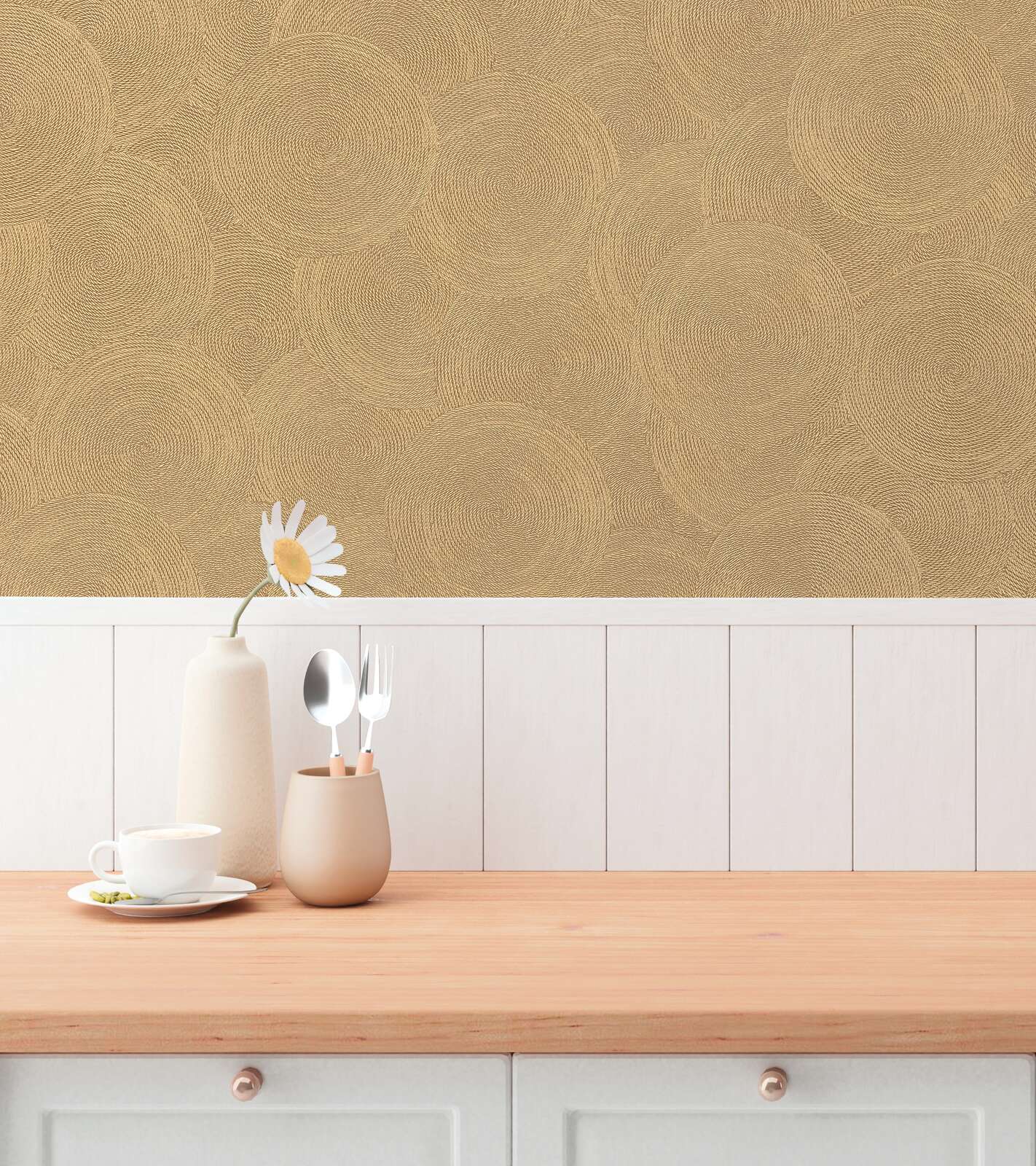 Brown abstract wallpaper with a circular pattern and metallic accents in a modern living room. SKU: 3010625, AS Creation.
