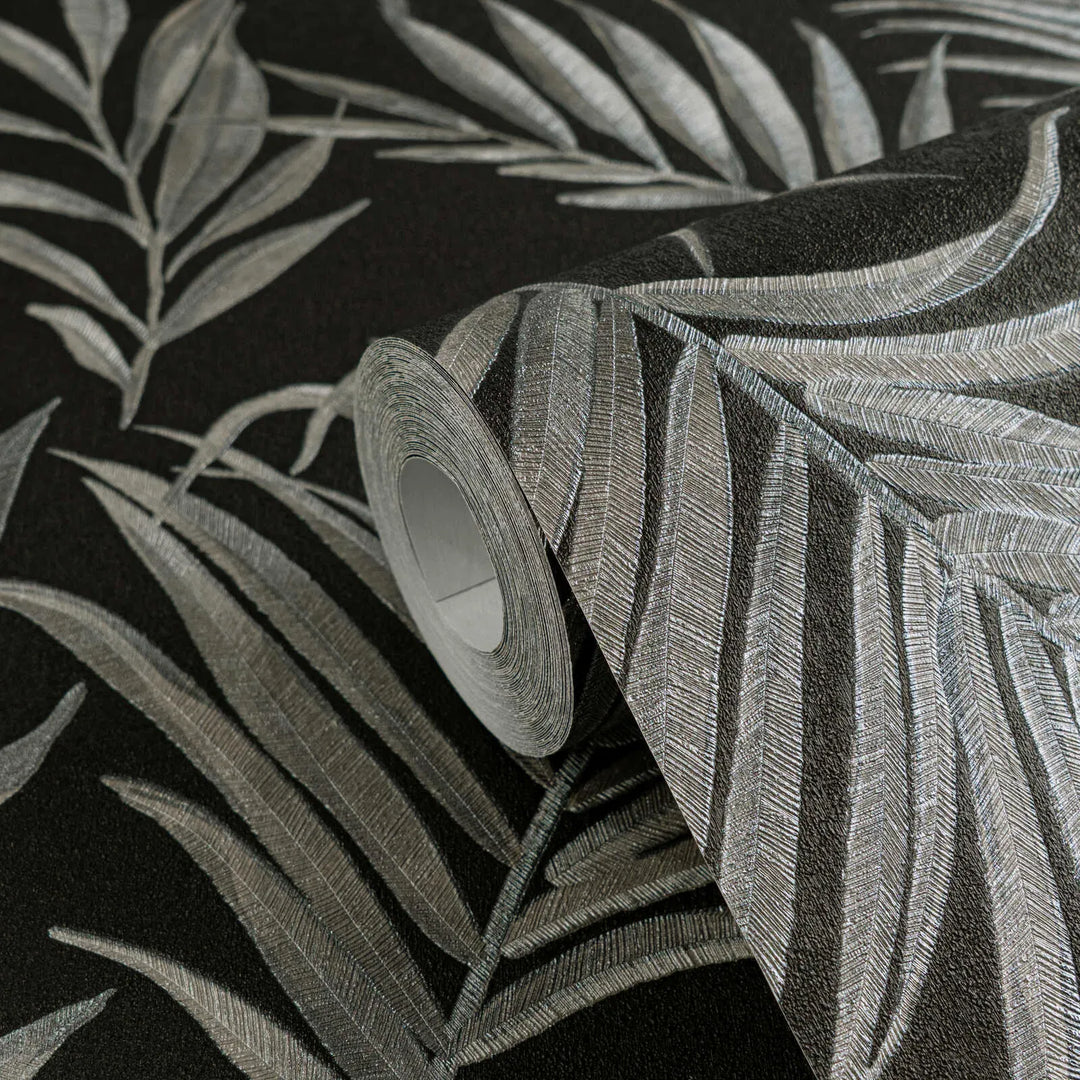 Neaustas tapetes ar delikātu tropu motīvu | melna, sudraba | 3011057 AS Creation