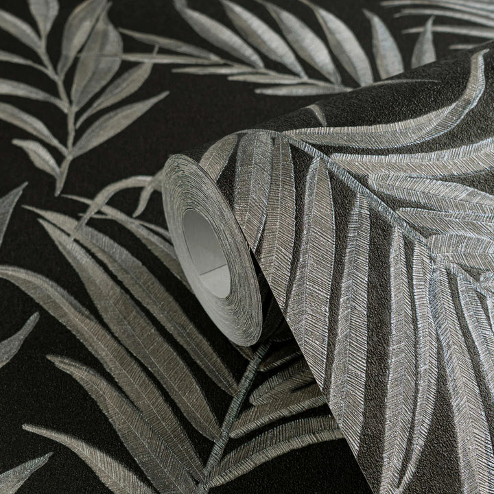 Neaustas tapetes ar delikātu tropu motīvu | melna, sudraba | 3011057 AS Creation