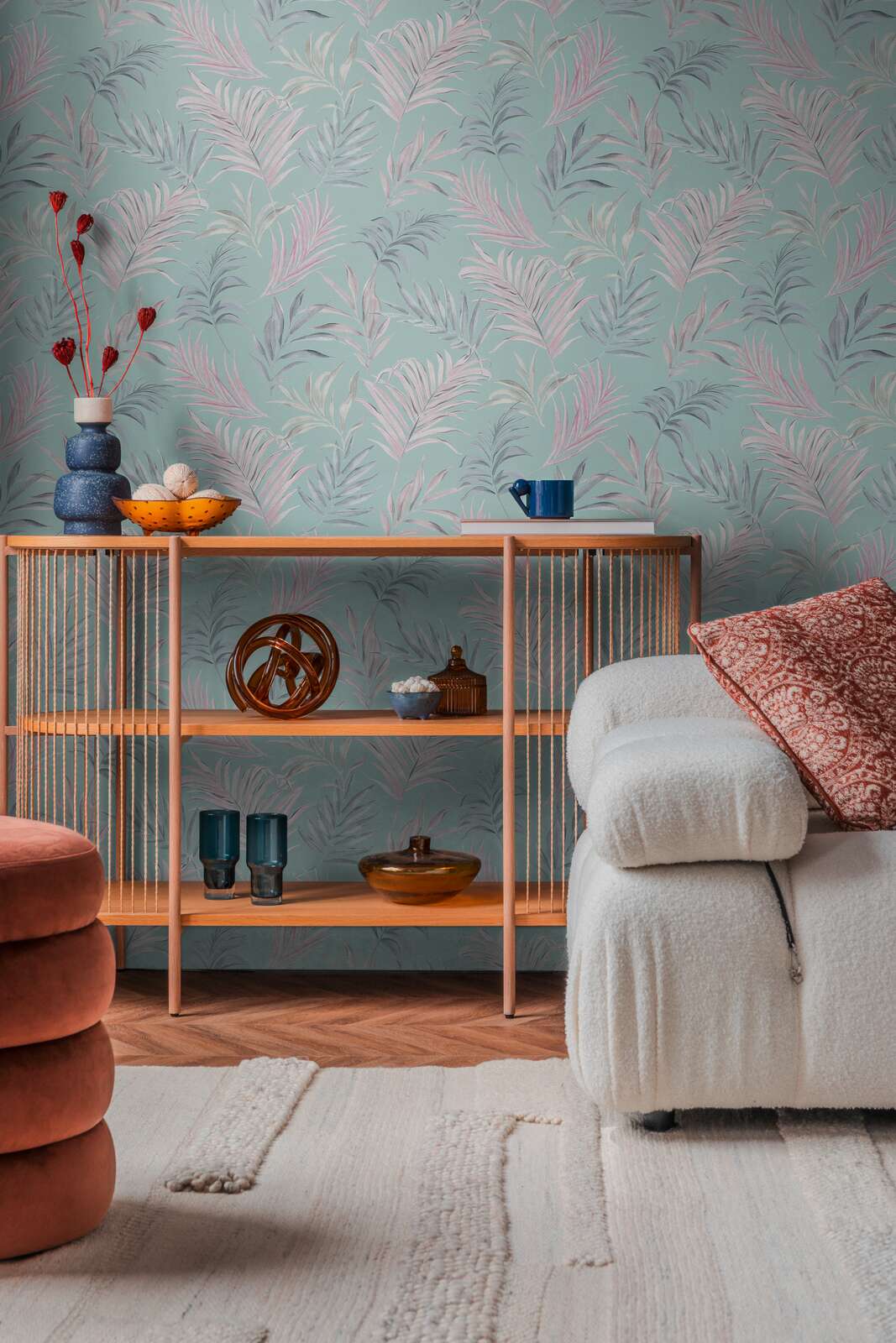 Neaustas tapetes ar delikātu tropu motīvu | zila, roza | 3011052 AS Creation