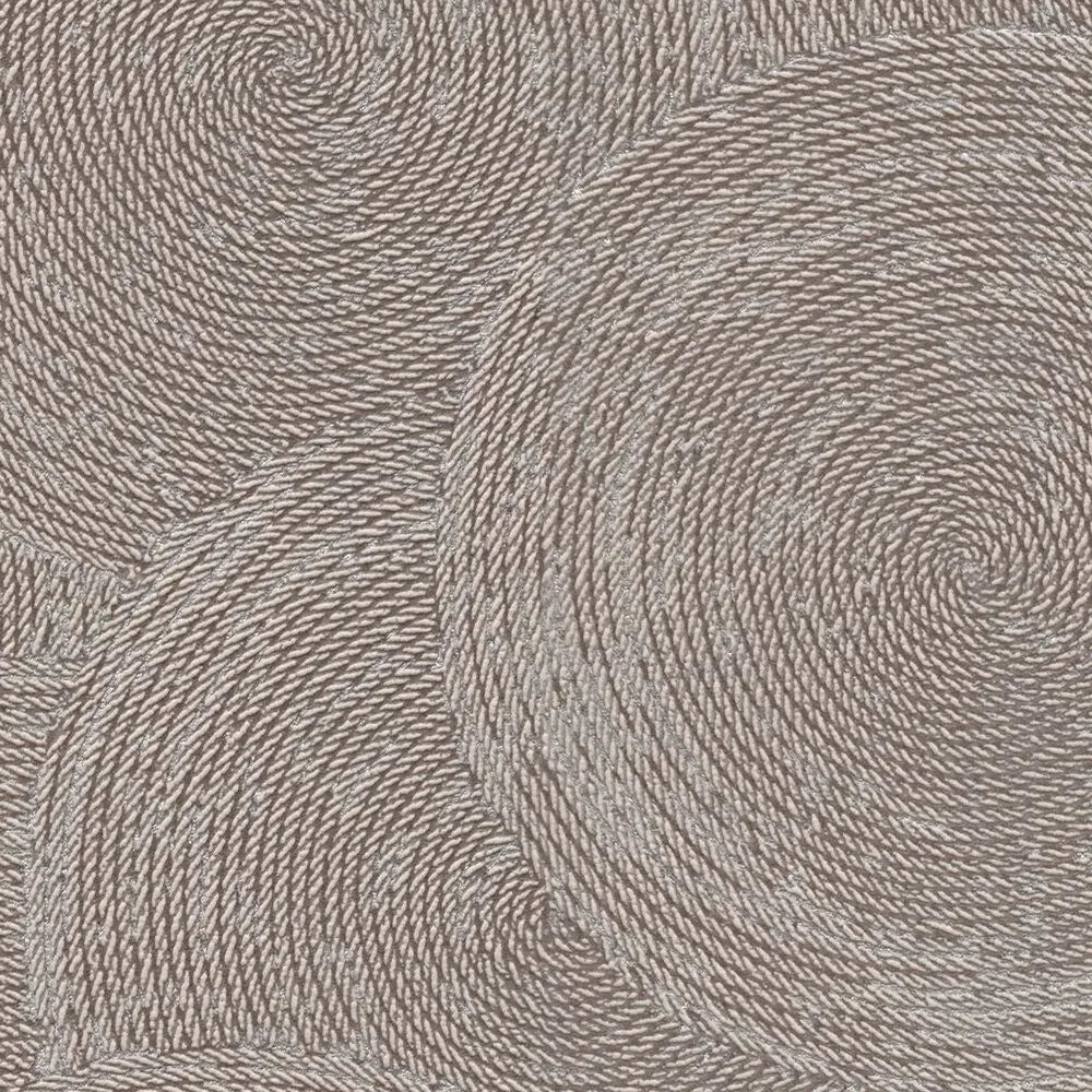 Close-up of brown wallpaper with graphic circles and shimmering embossing. SKU: 3010624, AS Creation.