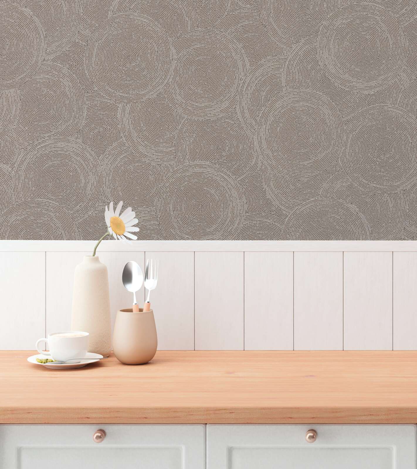 Brown wallpaper with graphic circles and glitter in an elegant living room design. SKU: 3010624, AS Creation.
