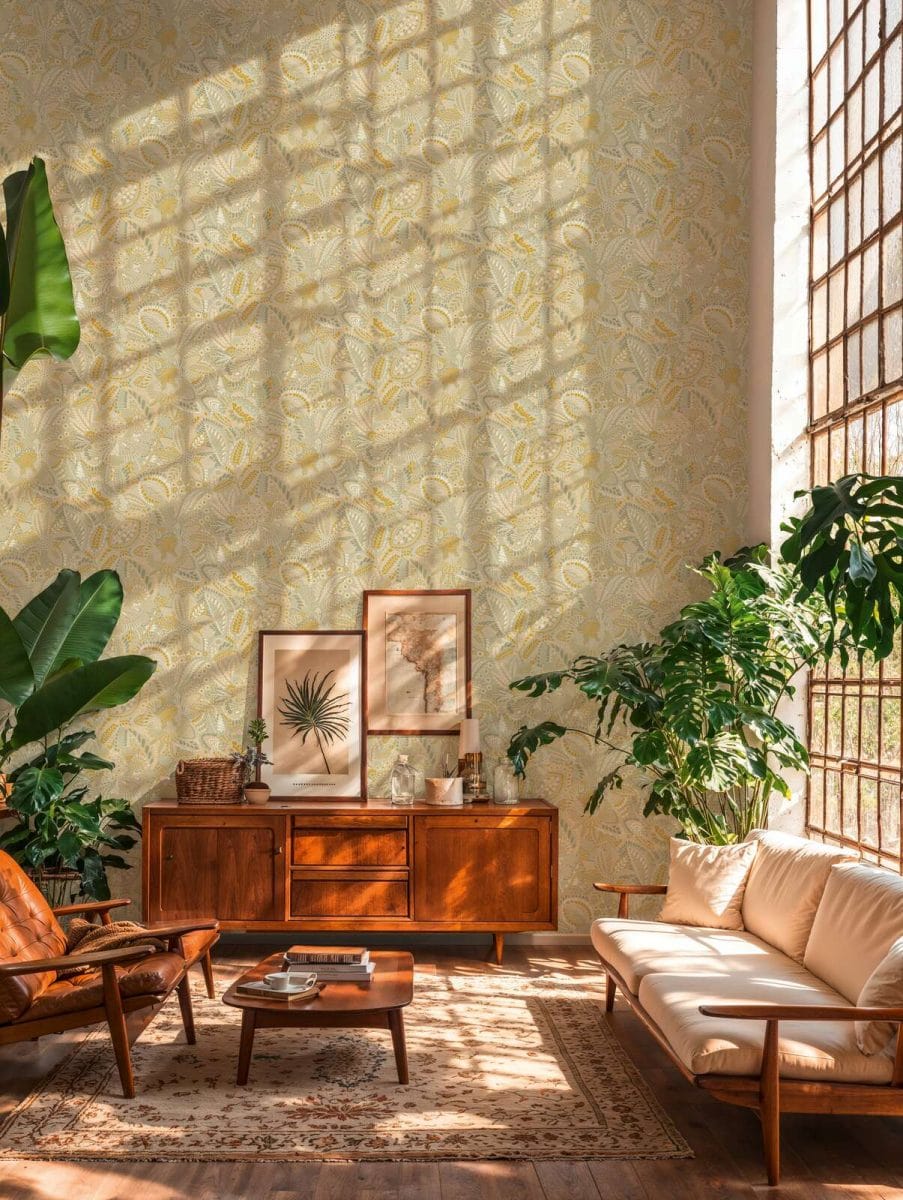 Bēšas un krēmkrāsas tapetes ar harmonisku augu motīvu gaišā viesistabas dizainā. SKU: 2763736, AS Creation.