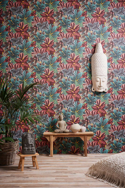 Non-woven wallpaper with leaf pattern in bright colours, blue and pink, 1376036 AS Creation