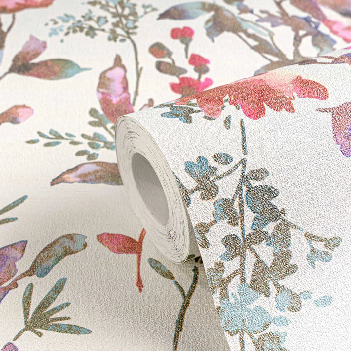 Neaustas tapetes ar romantisku ziedu rakstu pasteļtoņos ar spīdīgu efektu | balts, metālisks, zaļš | 3010123 AS Creation