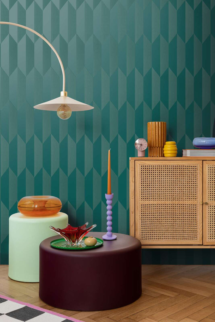 Neaustas tapetes ar spīdīgu ģeometrisku dizainu un gludu virsmu | zila | 3010523 AS Creation