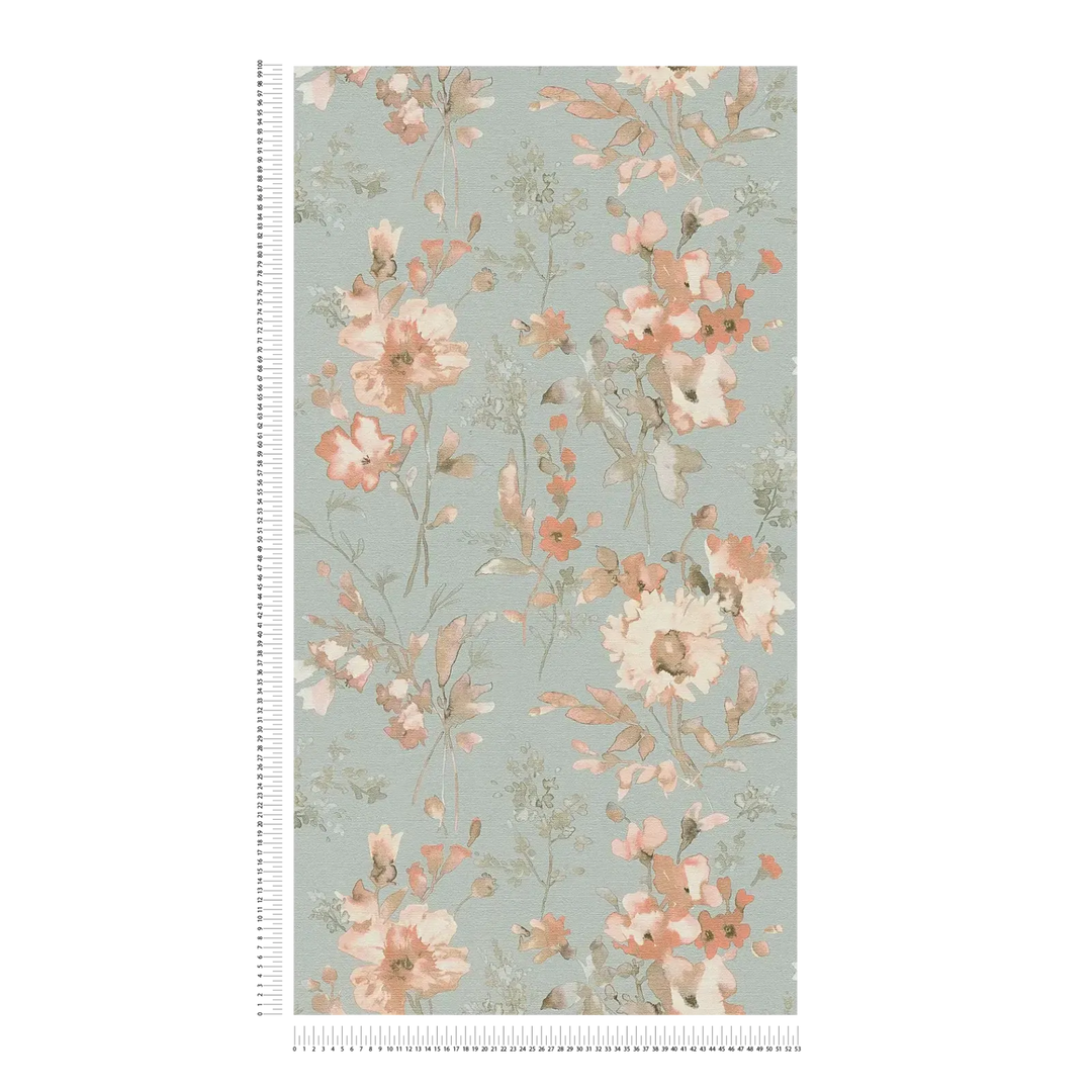 Neaustas tapetes ar vieglu spīdumu un rotaļīgu ziedu rakstu zaļgani zilā krāsā | 3010130 AS Creation