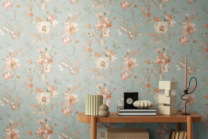 Neaustas tapetes ar vieglu spīdumu un rotaļīgu ziedu rakstu zaļgani zilā krāsā | 3010130 AS Creation