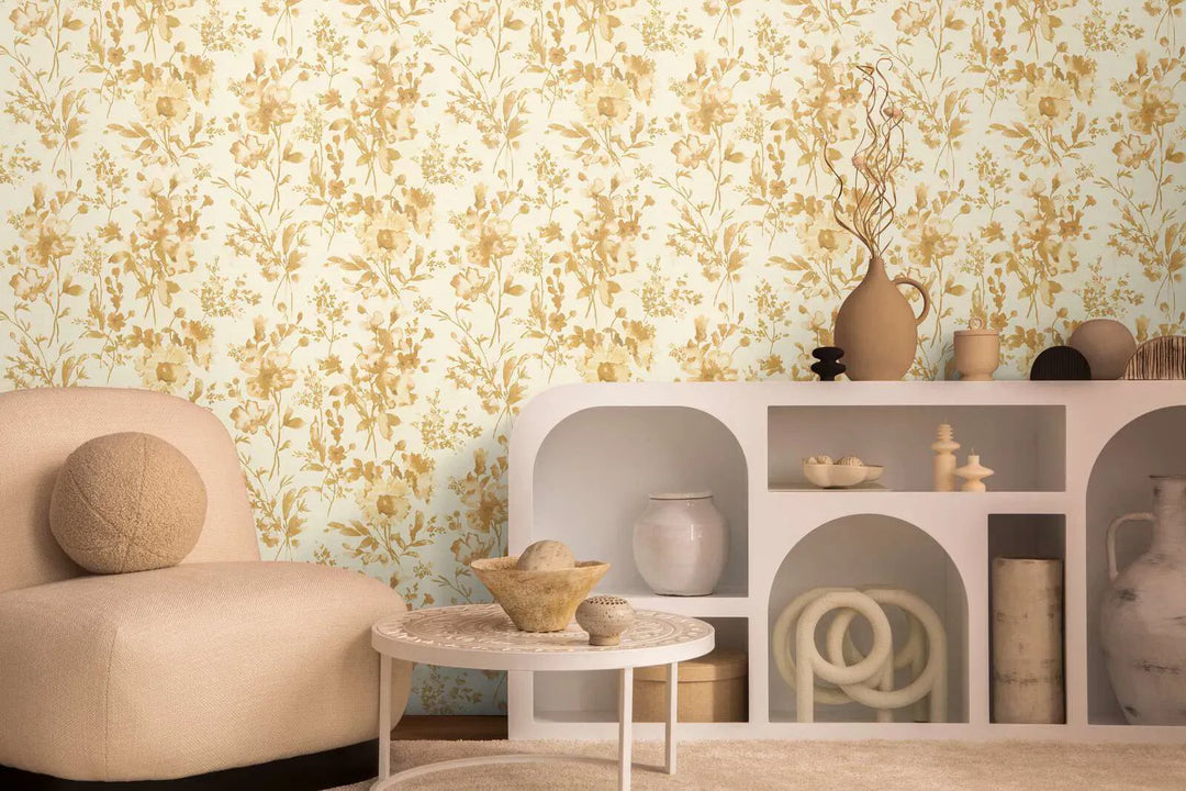 Neaustas tapetes ar ziedu rakstu | bēša, zelta, krēmkrāsā | 3010126 AS Creation